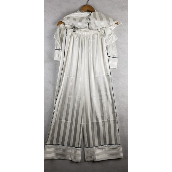 Free People XS Wide Leg Satin Pajama Set Ivory White Stripe Minimalist Basic NWT - Picture 8 of 10